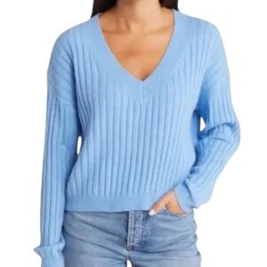 OPEN EDIT Ribbed V-Neck Sweater in Blue Lake
